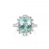 18K WHITE GOLD CUSHION AQUAMARINE AND DIAMOND RING