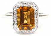 14K White Gold .15Ctw Diamond 1.38Ct Citrine Emerald Cut Ring