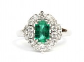 18K WHITE GOLD DIAMOND AND EMERALD CUT EMERALD RING