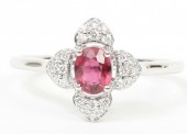 14K White Gold .08Ctw Diamond 1/2 Ruby Ring (24 Diamonds)