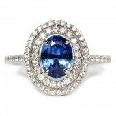 14K White Gold Oval Sapphire Ring With Double Diamond Halo