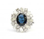 14K WHITE GOLD DIAMOND AND SAPPHIRE STARBURST RING