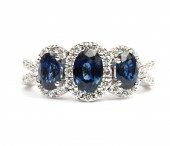 14K WHITE GOLD DIAMOND AND BLUE SAPPHIRE TRIPLE HALO RING