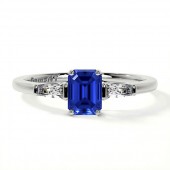 PLATINUM EMERALD CUT SAPPHIRE RING WITH TAPERED BAGUETTE DIAMONDS