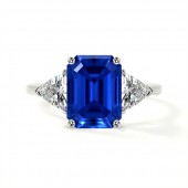 PLATINUM EMERALD CUT SAPPHIRE RING WITH TRILLION & ROUND DIAMONDS