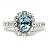 14K White Gold Oval Aquamarine With Diamond Halo Ring