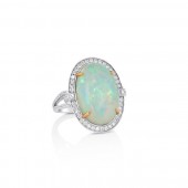 18K WHITE AND YELLOW GOLD OVAL OPAL AND DIAMOND RING