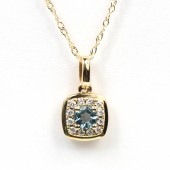 14K YELLOW GOLD AQUAMARINE AND DIAMOND HALO PENDANT NECKLACE