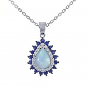 14K WHITE GOLD DIAMOND, OPAL & SAPPHIRE PENDANT