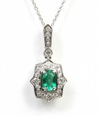 14K WHITE GOLD DIAMOND AND EMERALD PENDANT