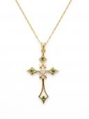 14K YELLOW DIAMOND EMERALD CROSS NECKLACE