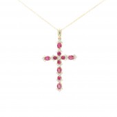 14K YELLOW GOLD DIAMOND & RUBY CROSS PENDANT