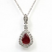 14K WHITE GOLD DIAMOND & RUBY PEAR SHAPED PENDANT