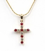 14K YELLOW GOLD DIAMOND AND RUBY CROSS PENDANT