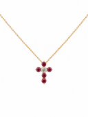 14K YELLOW GOLD DIAMOND & RUBY CROSS NECKLACE