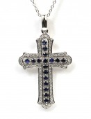 14K WHITE GOLD DIAMOND & SAPPHIRE CROSS PENDANT