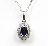 14K WHITE GOLD DIAMOND & SAPPHIRE OVAL PENDANT