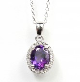 14K White Gold .15Ctw Diamond 1.05Ct Oval Amethyst Pendant