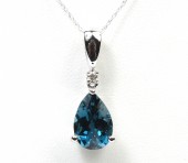 14K White Gold Pear London Blue Topaz And Diamond Pendant