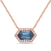 14K Rose Gold Hexagon Blue Topaz And Diamond Necklace