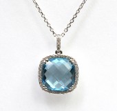 14K WHITE GOLD DIAMOND & BLUE TOPAZ PENDANT