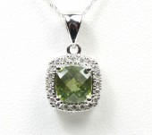 14K White Gold Cushion Peridot And Diamond Pendant