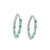 14K WHITE GOLD DIAMOND & EMERALD HOOP EARRINGS