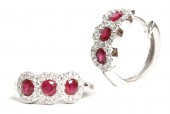 14K WHITE GOLD DIAMOND (.53CTW) AND RUBY  (.89CTW) HOOP EARRINGS