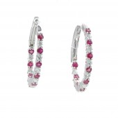 14K WHITE GOLD DIAMOND & RUBY HOOP EARRINGS