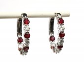 18K WHITE GOLD DIAMOND & RUBY HOOP EARRINGS