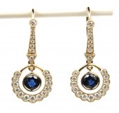 14K YELLOW GOLD DIAMOND & SAPPHIRE ART DECO STYLE EARRINGS