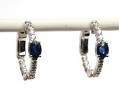 14K WHITE GOLD DIAMOND & SAPPHIRE HOOP EARRINGS