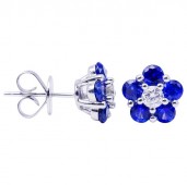 18K WHITE GOLD DIAMOND & SAPPHIRE  FLORAL STUD EARRINGS