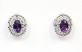 14K WHITE GOLD DIAMOND & AMETHYST STUD EARRINGS