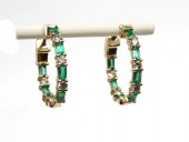 14K YELLOW GOLD DIAMOND & EMERALD HOOP EARRINGS