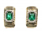 14K TWO TONE DIAMOND & EMERALD HOOP EARRINGS