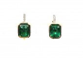 14K YELLOW GOLD DIAMOND & EMERALD LEVER BACK EARRINGS