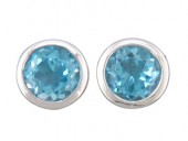 14K WHITE GOLD ROUND BLUE TOPAZ BEZEL SET EARRINGS