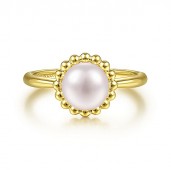 14K YELLOW GOLD FRESH WATER PEARL RING WITH BEADED HALO