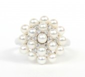 14K WHITE GOLD DIAMOND AND PEARL CLUSTER RING