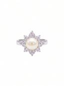 14K WHITE GOLD PEARL & DIAMOND RING