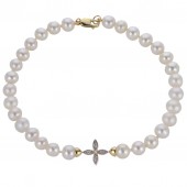 14K YELLOW GOLD 4 PETAL FLOWER DIAMOND & PEARL BRACELET