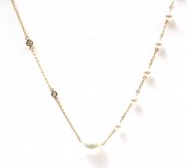 18K YELLOW GOLD DIAMOND AND PEARL STATION NECKLACE .09CTW