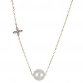 14K YELLOW GOLD 4 PETAL FLOWER DIAMOND & FRESHWATER PEARL NECKLACE