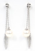 18K WHITE GOLD DIAMOND & PEARL DANGLE EARRINGS