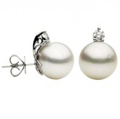 14K WHITE GOLD DIAMOND & SOUTH SEA PEARL STUD EARRINGS