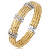 MESH STERLING SILVER GOLD PLATED WOVEN CUFF BRACELET WITH CZ STATIONS