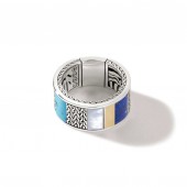 JOHN HARDY MENS STERLING SILVER  AND GOLD MOTHER OF PEARL, TURQUOISE, LAPIS & BLACK MATRIX RING