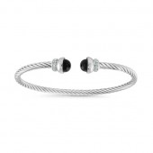 STERLING SILVER & RHODIUM BLACK ONYX TWIST CABLE CUFF BANGLE WITH CUBIC ZIRCONIA