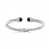 STERLING SILVER ONYX & CUBIC ZIRCONIA HINGED TWIST CUFF BRACELET